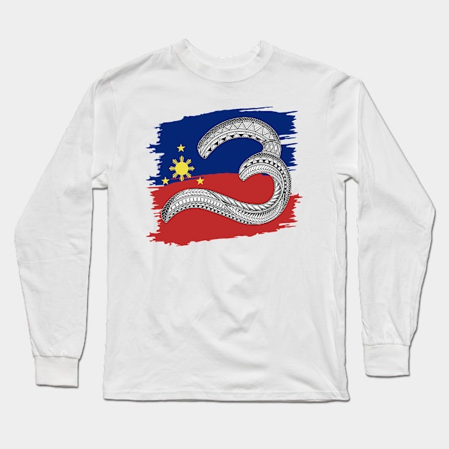 Philippine Flag Tribal line Art / Baybayin Letter O / U Long Sleeve T-Shirt by Pirma Pinas